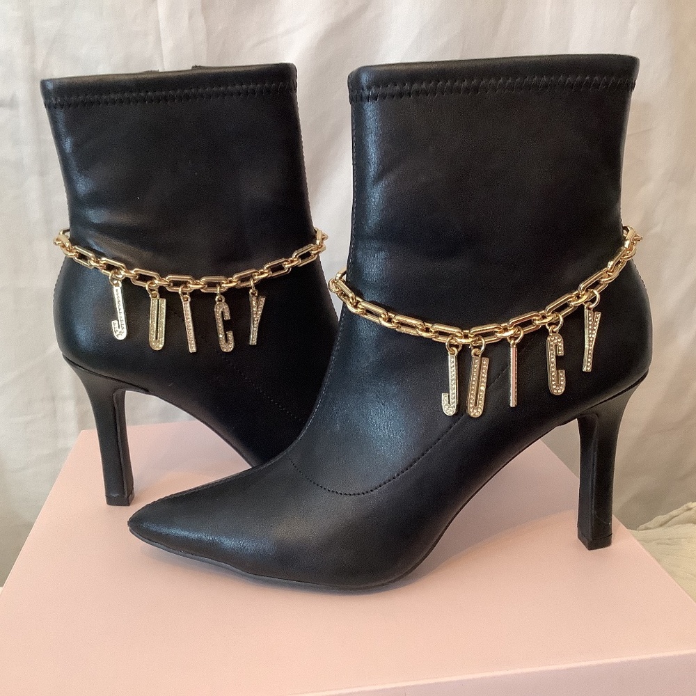 NWT Juicy-byJuicy Couture “Lacey” black heel ankle booties with gold chain Bling - Picture 5 of 13